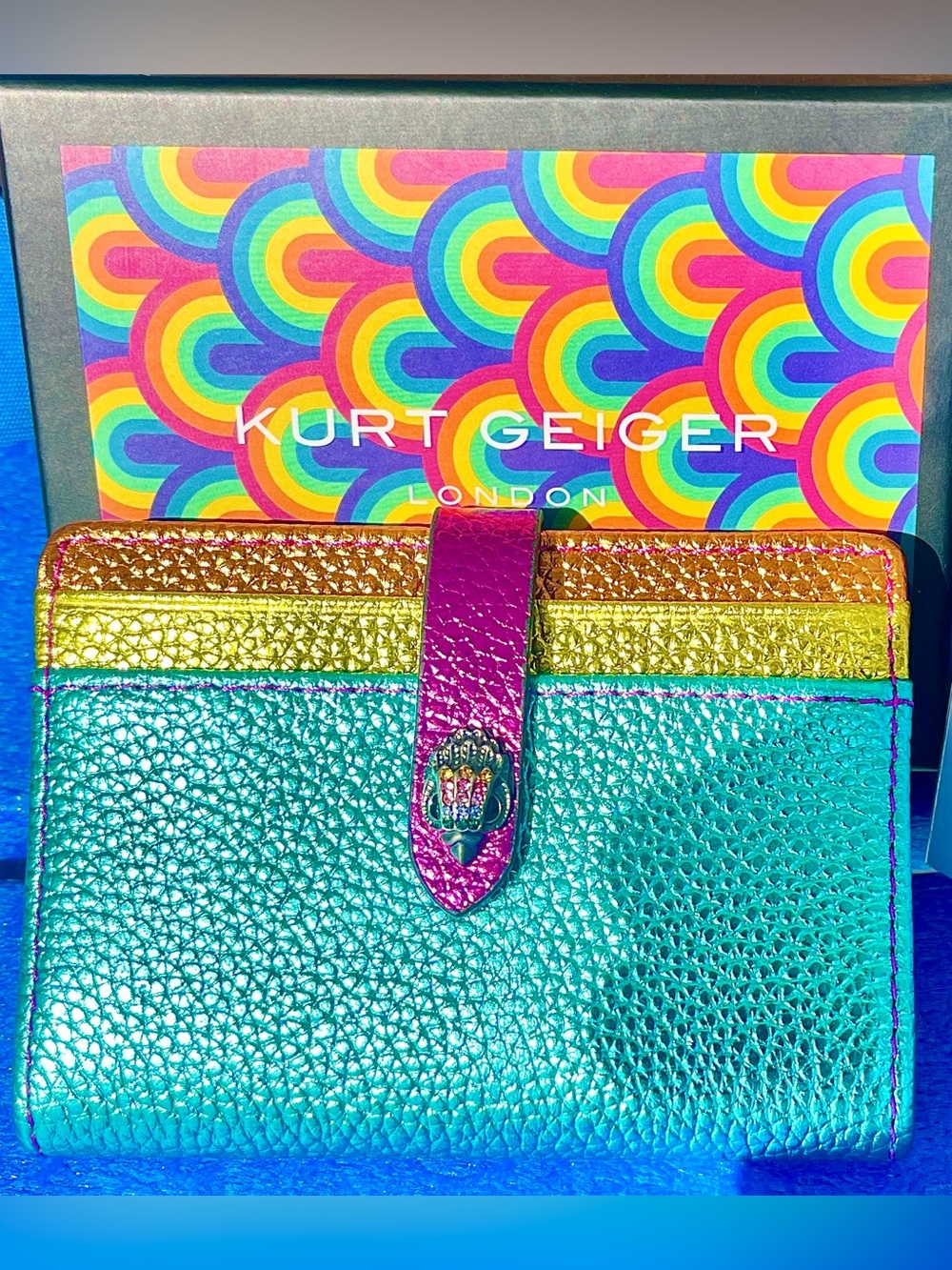 Kurt Geiger NWT Leather Wallet Multicolor Crystals/Bird Head Snap Closure/Boxed